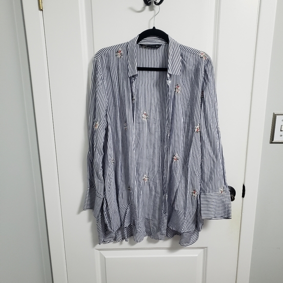 ZARA Striped Embroidered Floral Button Up Shirt Blouse - Picture 3 of 8